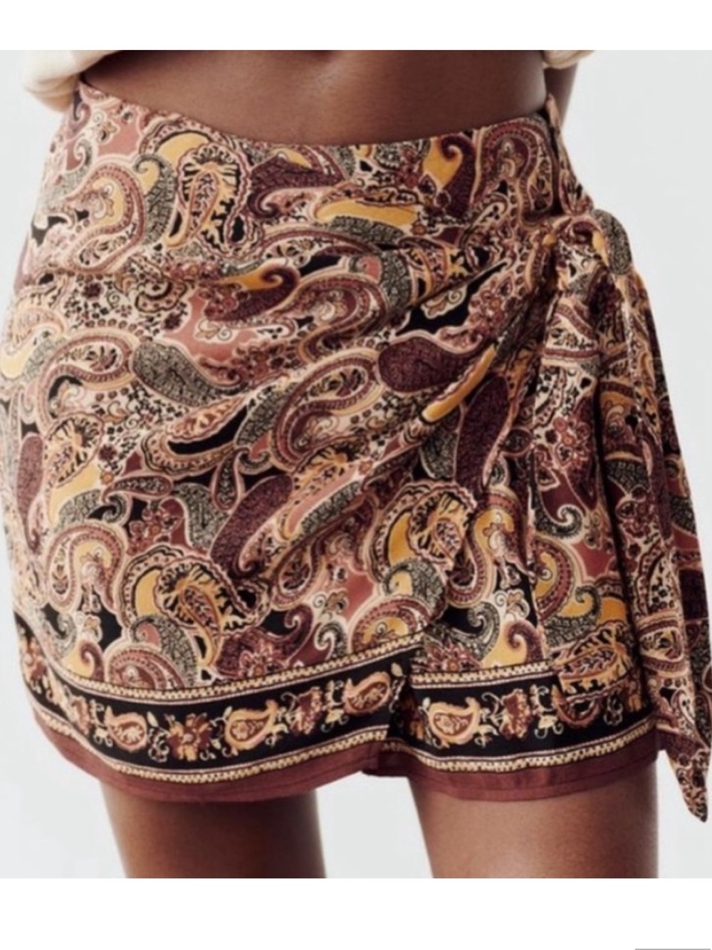 Zara Brown Multi Color Paisley Print Mini Fashion Skort with knot Tie Medium